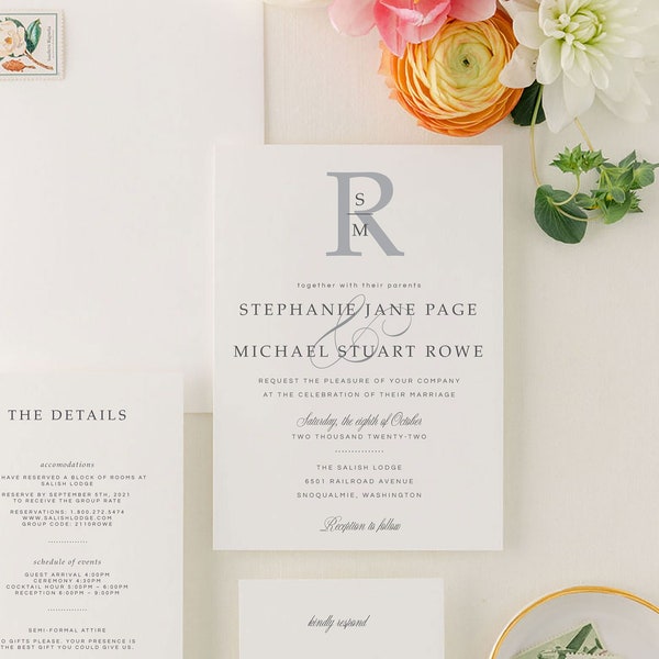 Classic, Elegant Wedding Invitation Suite with Monogram | Formal Black Tie  Extra Thick Printed Wedding Invites | Stephanie