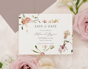 MELISSA | Pink Floral Wreath Save the Date Cards, Modern Save the Dates, Wildflower Wedding Save the Date, Printed Save the Date Wedding