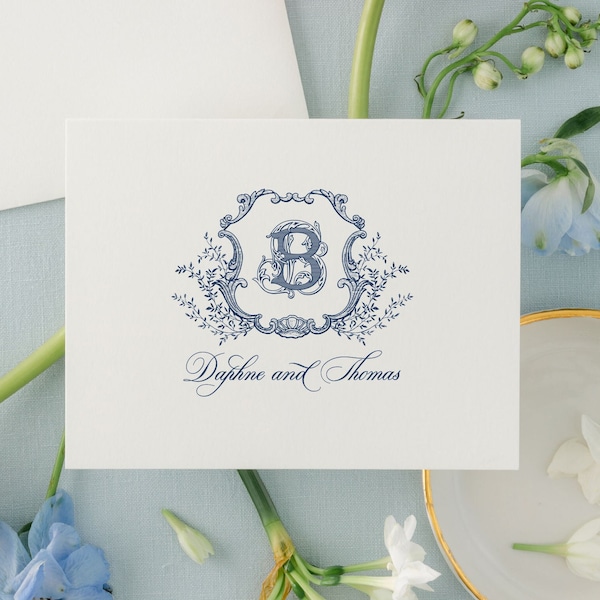 Ornate Monogram Crest Wedding Personal Stationery | Folded Thank You Stationary | Vintage Art Envelope Liners, 4bar or A2 | Daphne