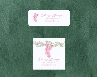 For the Girls Preppy Pink Christmas Stocking with Bows Personalized Return Address Labels,  Mailing Labels Stickers Holiday