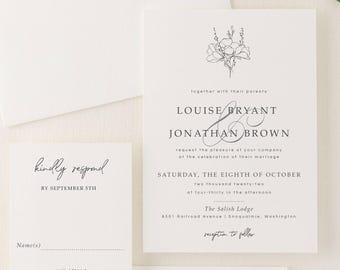 Wildflower Wedding Invitation | Simple Minimalist Fall Floral Printed Invite | Elegant Rustic Fall Invitation Suite | Louise | Stephanie