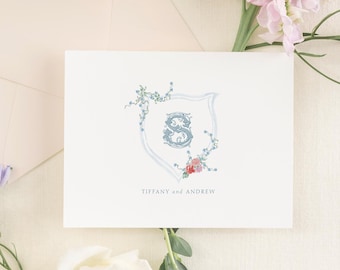 TIFFANY | Personalized Folded Notecards, Blue Floral Crest Stationery, Monogram Crest Wedding Personal Stationery, Folded Stationary