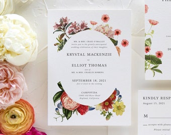 Botanical Wedding Invitation Suite Printed, Wedding Invitation with Envelope, Wedding Invitation Set Colorful, Formal Wedding Invite-Krystal