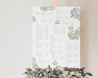 Blue Hydrangea Wedding Seating Chart with Elegant Flowers, Wedding Table Plan, Printable Wedding Signs | Virginia