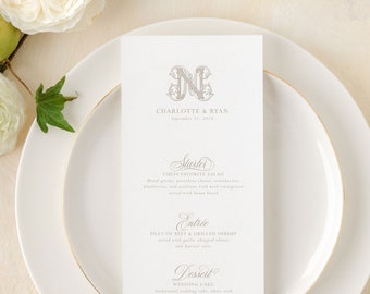 Beige Wedding Menu Cards, Classic Monogram Printed Menu Cards for Wedding, Traditional Wedding Reception Dinner Menu Cards | CHARLOTTE