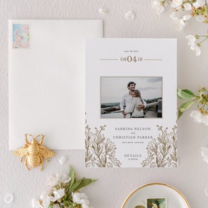 Photo Save the Date Card with Boho Flowers | Sabrina