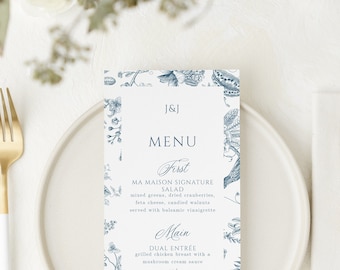 Modern Toile Printed Wedding Menu | Classic Chinoiserie, Traditional, Elegant Wedding Reception Menu  Cards | Jane