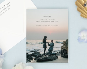 EMILEE | Double-Sided Modern Photo Save the Date with Flower & Monogram, Printed Wedding Save the Dates, Botanical Save the Date with Photo
