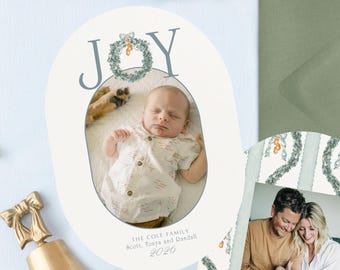 Dusty Blue Christmas Card Photo Die Cut Holiday Baby Joy Announcement Seasonal Greeting Elegant Design Oval Printed Modern Notecard Festive