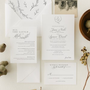 Classic, Elegant Wedding Invitation Suite with Greenery and Monogram Crest  | Formal Extra Thick Printed Wedding Invites | Jenna