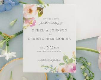 Elegant Wedding Save the Date Card w Watercolor Spring Flowers | Printed Save our Date w Blush Pink & Blue Pastel Painted Florals | Ophelia