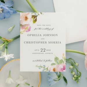 Elegant Wedding Save the Date Card w Watercolor Spring Flowers | Printed Save our Date w Blush Pink & Blue Pastel Painted Florals | Ophelia