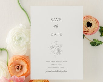 Elegant Minimalist Floral Save the Date with Envelope Liner Options  |  Simple Modern  Printed Save the Date | Custom Colors | Eloise