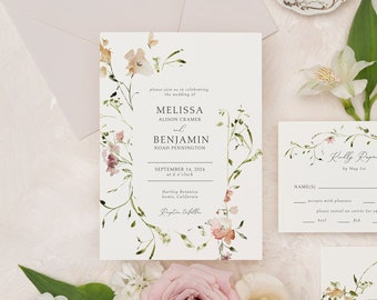 MELISSA | Wildflower Wedding Invitation with Wreath, Pink Floral Wedding Invitation Set, Printed Wedding Invite, Elegant Wedding Invitations