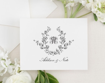 ADDISON | Folded Wedding Thank You Cards | Vintage Monogram Floral Wreath Stationery