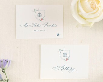 TIFFANY | Watercolor Crest Wedding Escort Card, Flat or Folded, Place Card, Printed Reception Escort Cards, Name Card, Reception Seating