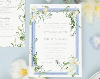 KAYLA | Floral Wedding Invitation Suite with Blue Frame | Hydrangea & Calla Lily Wedding Invites