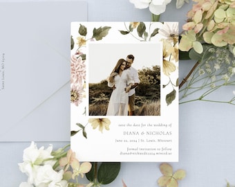 DIANA | Wildflower Wedding Save The Date, Floral Save Our Date Card Photo, Romantic Wedding Save the Date Cards, Printed Save the Dates