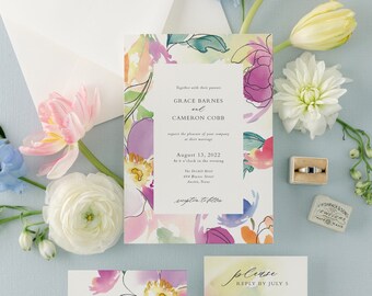 Elegant Watercolor Floral Wedding Invitation Suite with Bright Summer Flowers | Invite w Bold Pink, Purple & Orange Painted Florals | Grace