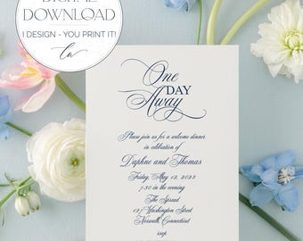 DAPHNE | Digitale Einladung zum Willkommensdinner, elegante Kalligrafie in klassischem Marineblau, digitale Einladung zum Abendessen