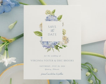 Elegant Watercolor Hydrangea Save the Date for a Traditional Wedding, Classic Floral Printed Save the Dates | Virginia