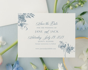 Classic Floral Horizontal Save the Date for a Traditional Wedding, Elegant Printed Save the Dates with Flowers | Jane