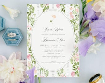 BRIANNA | Love in Bloom Bridal Shower Invitation with Oval Frame and Floral Border