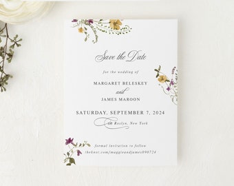 Boho Wildflower Save the Date with Yellow and Purple Flowers |  Simple Floral Printed Save our Date Cards | Maggie