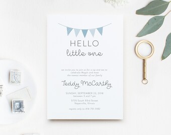 Simple Baby Sip and See Invitation, Hello Little One Sip n See Shower Invitation Girl, Baby Shower Invite, Brunch invitation, Pennant