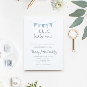 Simple Baby Sip and See Invitation, Hello Little One Sip n See Shower Invitation Girl, Baby Shower Invite, Brunch invitation, Pennant