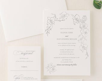 Elegant Wedding Invitation Suite with Delicate Spring Flowers | Printed Invite with Line Dawn Pastel Orchid Flowers Custom Colors | Eloise