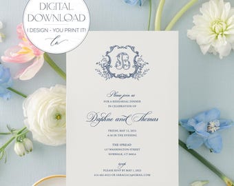 DAPHNE | Digitale Einladung zum Probeessen, Vintage-Monogramm-Wappen, Marineblaues, verschnörkeltes botanisches Design, Digitale Einladung zum Abendessen