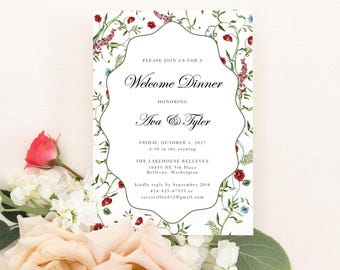 AVA | Blue Burgundy and Red Wedding Welcome Party Invitation Printed, Engagement Shower, Rehearsal Dinner, Wavy Oval Red Floral Invitation