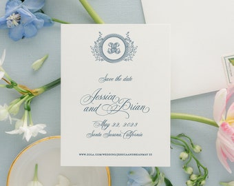 Elegant Monogram Crest Save the Date for a Traditional Wedding | Classic Calligraphy Wedding |  Printed Save the Dates | Jessica