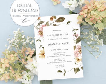 DIANA | Digitale Einladung zum Probeessen, Vintage-Wildblumenmuster, dezente Herbstbotanik, digitale Einladung zum Abendessen