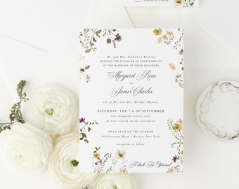 Elegant Wildflower Watercolor Floral Wedding Invitation Suite | Printed Invite Set with Yellow, Purple and Pink Painted Flowers | Maggie