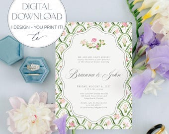 BRIANNA | Digitale Einladung zum Probeessen, Aquarell-Blumenrankgitter, Grün-Rosa-Blumenmuster, Digitale Einladung zum Abendessen