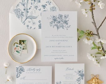Vintage Floral Printed Wedding Invitation Suite | Elegant and Traditional Blue Botanical Wedding Invite Set | Jane