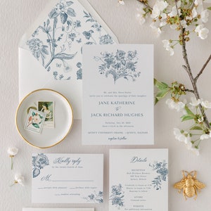 Vintage Floral Printed Wedding Invitation Suite | Elegant and Traditional Blue Botanical Wedding Invite Set | Jane