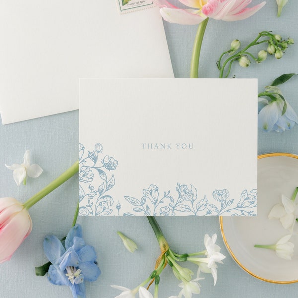 Blue Floral Wedding Shower Thank You Cards | Wedding Thank You Cards |  Thank You Cards Set, 4bar or A2 | Ashley