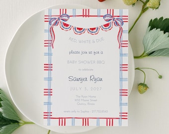 STAR SPANGLED Summer | Red White and Due Invitation | Patriotic Baby Shower BBQ Invite Printed