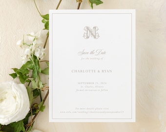 Delicate Beige Save the Date for Traditional Wedding, Elegant Taupe Monogram |  Tan Printed Save the Dates, Fine Art Wedding | Charlotte