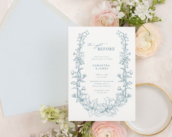 SAMANTHA | Dusty Blue Floral Rehearsal Dinner Printed Invitation, Victorian Rehearsal Invite, Vintage Wedding Welcome Party Invitation