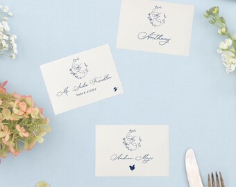 HANNAH | Wedding Escort Cards, Printed Name Place Cards, Navy Printed Wedding Place Cards with Monogram Including Food Choices and Allergies