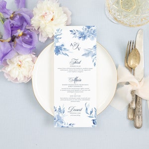 ALEXANDRA | Blue Watercolor Floral Wedding Menu Cards, Printed Wedding Menu, Blue Wedding Table Decor, Dusty Blue Wildflower Wedding Menus