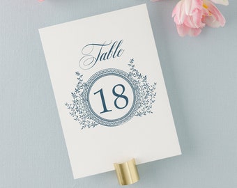 Printed Wedding Table Numbers with Floral Vine Crest Wedding | Your Choice of Ink Color | 5x7 or 4x5 | White or Ivory | Jessica