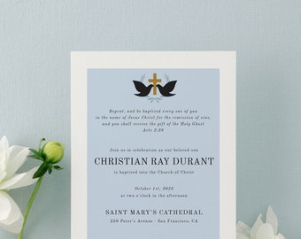 Printed Baptism Invitations for Boys or Girls | Religious Baptism Invitation with Doves and Cross | Customize the Colors
