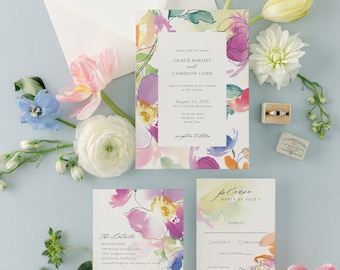 Modern Floral Wedding Invitation Suite with Bright Summer Watercolor Flowers | Invite w Bold Pink, Purple & Orange Painted Florals | Grace