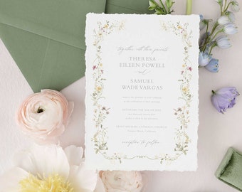Wildflower Deckled Edge Wedding Invitation, Pink, Yellow, Purple Floral Torn Edge Wedding Invitations, Floral Invitation Wedding | THERESA