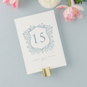 Dusty Blue Wedding Printed Table Numbers, Floral Crest Wedding Table Numbers 5x7 or 4x5 White or Ivory Ashley image 1